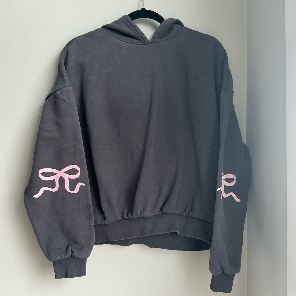 Edikted Dark Gray Hoodie Pink Bow Sleeve Graphic Women’s Size L Streetwear
